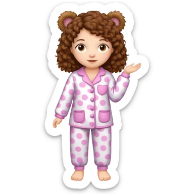 Grown up Woman with brown eyes, brown curly hair, white skin, full body in cute pijama bear sticker
