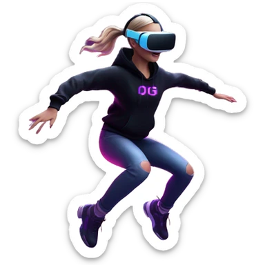 Russian girl wearing black hoody with violet letters "OMG", in vr headset oculus quest2. jumping. Cyberpunk style. Violet neon. sticker