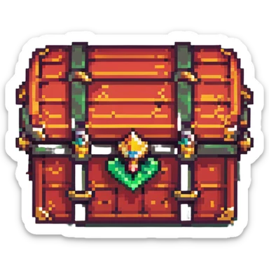 A red RPG treasure chest with gold details, pixelated 16-bit style sticker
