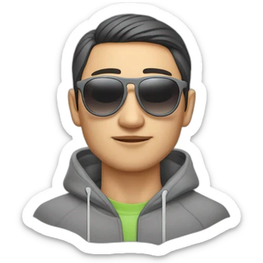 kazakh guy with sunglasees in grey hoody smoking sigarete with airpods sticker