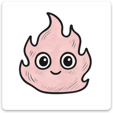 pretty whimsical pink fire with soft wavy outline, big eyes, gentle glowing look, hand-drawn style with stylized shadows and highlights sticker
