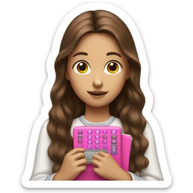 Girl with long brown hair holding one pink calculator sticker