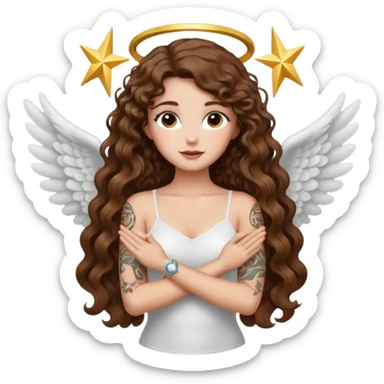 fake angel pose — long wavy brown hair tattooed woman and short tight curly brown hair woman — halo sparkle sticker