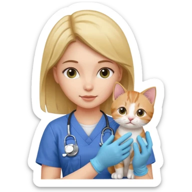 Young female vet – scrubs, gloves, examining kitten. sticker