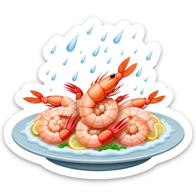 a big plate of shrimp getting rained on from a storm sticker