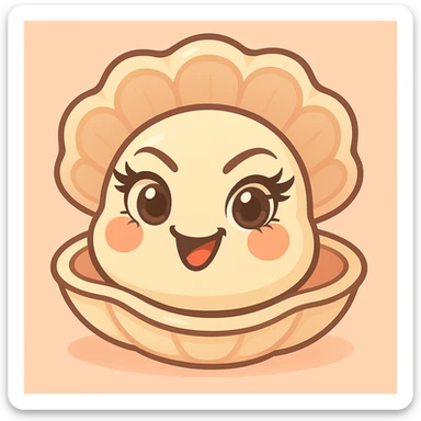 Enhance the pastel, pearly, cream, peach, and greige colors while keeping the very mischievous expression, expressive and bright eyes, elegant eyelashes, the big shell, the small oyster, in the pastel toon style with the background. sticker