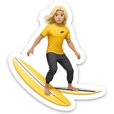 Man surfing on a yellow white board with long blond hair, yellow t-shirt with black Nike logo in center of chest, black baggy sweatpants. sticker