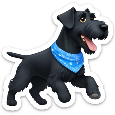 Happy black giant schnauzer running with a blue bandanna on the neck sticker