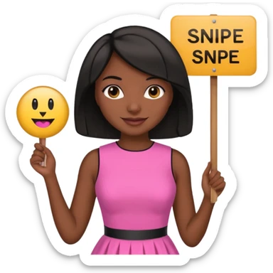 Dark skin woman with black bob in hair holding sign that says snipe  wearing pink dress  sticker