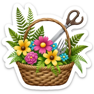 Icon for Floristry: a woven basket with flowers, reeds, ferns, bright ribbons and a small plush toy. Add big garden scissors and knife. The icon should represent creativity in flower arrangement and decorative design. Transparent background. sticker