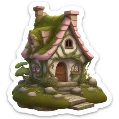 Fairy house with cobblestone steps and a light pink shingled roof partially covered in moss and vines  sticker