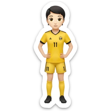 Apple emoji style 23 year old soccer player standing hands on waist, yellow jersey #11, soft shadows sticker
