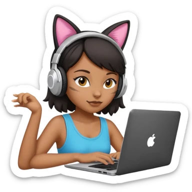 black girl who works remotely through a laptop with cat ear headphones sticker