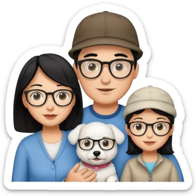 Mom black hair with glasses, Dad black hair with cap, Daughter black hair with glasses, white Dog sticker