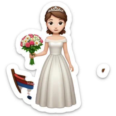 Chica blanca,cuerpo entero, vestido boda cuello barco y , pelo castaño,   1 ramo de flores , pelo recogido con tiara sticker