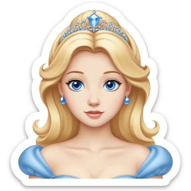 Cinematic Realistic Noble Cinderella Portrait, depicted with porcelain skin rendered in lifelike detail and soft, natural lighting that highlights every delicate nuance. Her intricately styled golden-blonde hair is arranged in an elegant updo, and her deep, expressive blue eyes radiate quiet determination. She wears her classic ball gown with rich fabric textures and delicate folds catching the light beautifully, all set against a subtly glowing, natural background that captures the essence of timeless royal grace. sticker