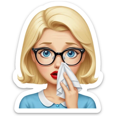 Blonde hair, blue eyed, wearing glasses 50's style pinup crying into a tissue  sticker