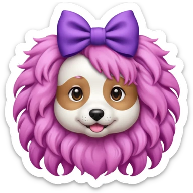 dog with pink long curly hair and purple bow on head sticker