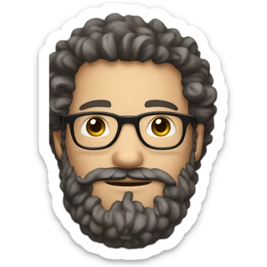 man with white skin and somewhat brown curly hair, big beard, glasses and big nose sticker