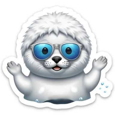 A fluffy, all white, tiny Seal having fun in lake while wearing sunglasses sticker
