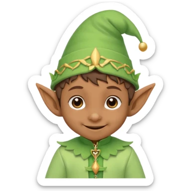 Tiny elf baby brown skin with pointy ears and hat, pastel green outfit,  sticker