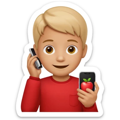 A little kid holding a phone, apple style emoji, wearing a red shirt. sticker