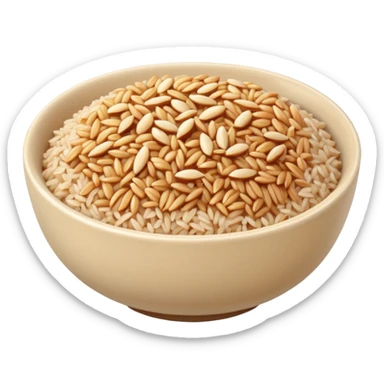 simple round bowl filled with fluffy cooked brown rice, individual grains, warm beige to light brown tones, soft but slightly firm texture, subtle sheen from steam, no chopsticks, garnish, or extras, soft lighting, subtle shadows, emoji scale sticker