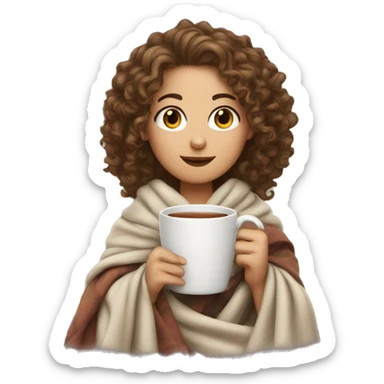 a White girl with curly hair wrapped in a blanket with a cup of tea sticker