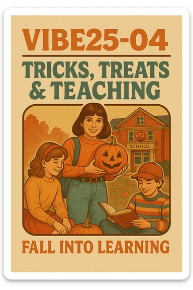 Create a logo that encompasses a retro 80's feel, nostalgic, ALSO RETRO.  Add the words "VIBE25-04: Tricks, Treats & Teaching: Fall Into Learning" sticker