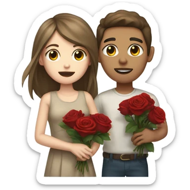 Light skin brown haired girl and a white skinned brown haired boy holding dead roses sticker