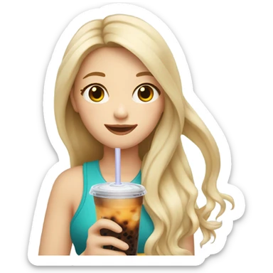  Blonde long hair girl eating Korean food and drinking boba sticker
