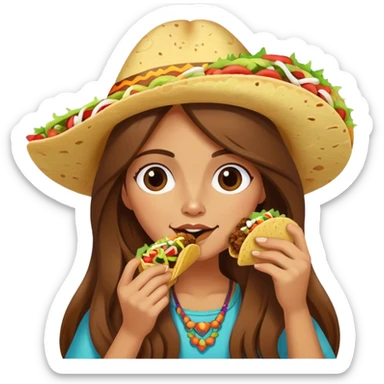 Hippie girl with long brown hair eating a taco  sticker