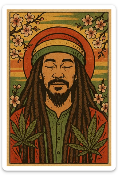 Vintage poster of an Asian Rasta with long dreadlocks, peaceful eyes, and a red-gold-green tam. Surrounded by cherry blossoms and ganja leaves. Background blends Rasta colors into an Asian flag (e.g., red sun from Japan or Chinese star). Retro reggae fusion vibe, with bold lines and aged paper texture.
 sticker