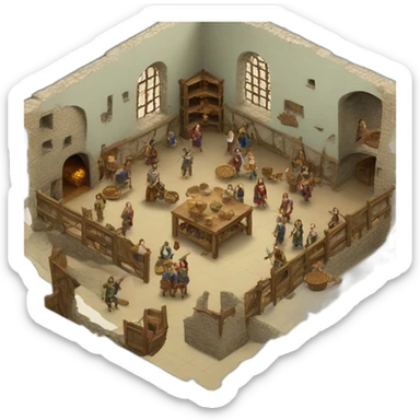 open floor plan of a medieval mint showing different people working sticker