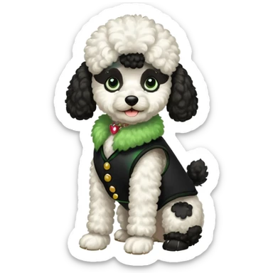 Caniche blanca con chaleco negro coN verde sticker