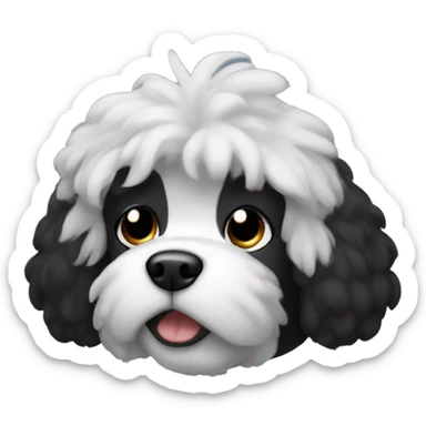 Black stuffy dog with white patch of hair on chest sticker