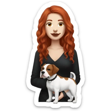 Long Red haired woman with septum piercing holding black and white English Staffordshire dog sticker