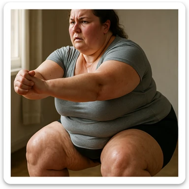 overweight woman doing squats, stubborn fat on legs and thighs, hyper realistic 4K style, skin details, effort atmosphere, natural light sticker