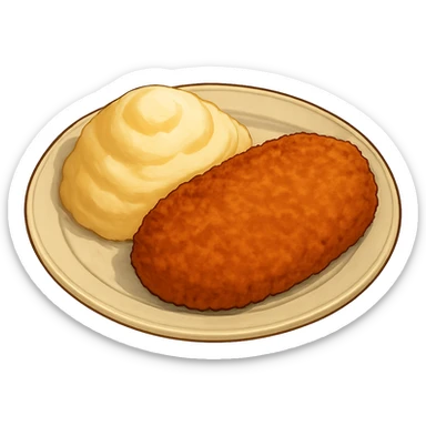 Illustration of a plate with milanesa and mashed potatoes together on the same plate, warm and detailed style, ghibli style, no background, emoji format. sticker