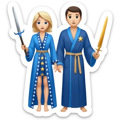 An upright Europe (a tall woman), wearing a blue, flowing robe with stars on the hem. In the background stands a man, with a knife sticker