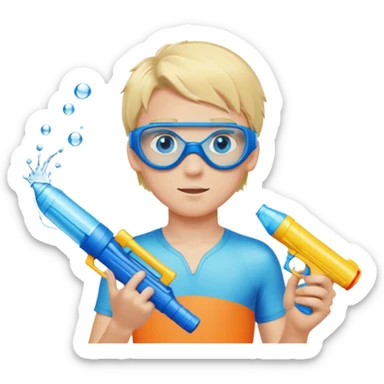 Blond 18 year old boy, with blue eyes, wearing swim goggles, normal clothes, holding a water gun sticker