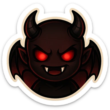 devil emoji in chibi style with gothic palette black and crimson, sharp fangs, glowing eyes, dramatic shadows sticker
