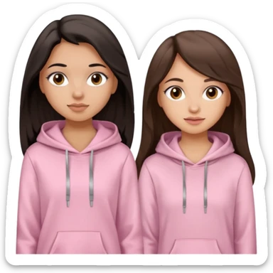 A pretty girl with light skin and long straight black brown hair, wearing a very light pink basic hoodie with brown eyes and makeup and a round face with another girl who is taller with an oval face, tan skin and very wavy brown hair, and a light pink basic shirt sticker