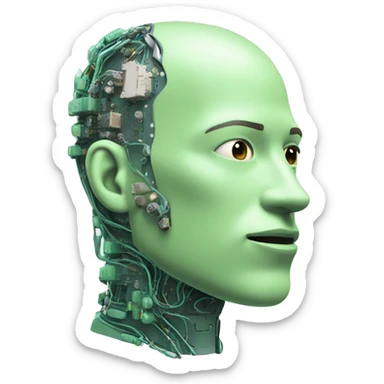 Pastel green bald male cyborg head with goatee and circuitry sticker