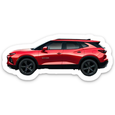 2020 Red Chevrolet Blazer with black wheels, black Chevrolet logo, in front of mountains   sticker