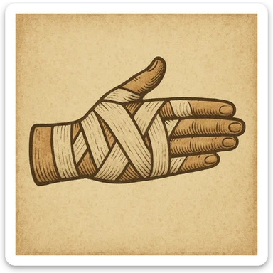 vintage style icon of a bandaged hand, muted colors, subtle texture, classic medical illustration feel sticker