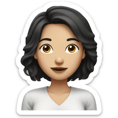 light brunette woman, with shoulder-length black hair and pretty sticker