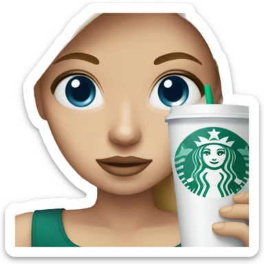 blonde girl blue eyes with Starbucks cup drink sticker