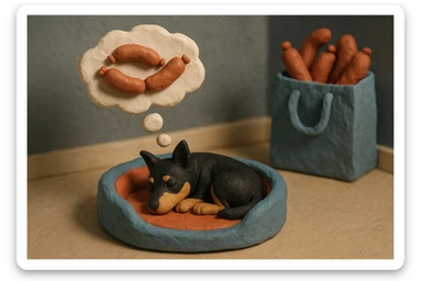 A small black and tan terrier dog curled up inside a fleece dog bed. the dog is dreaming about sausages. the room in the background is mainly coloured grey with a shopping bag in the background filled with lots of sausages sticker