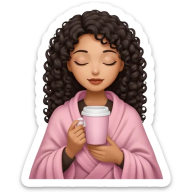hispanic woman, deep tan skin, black long 3b curls, closed eyes, feminine face, holding soft pink coffee cup with beige blanket over shoulders sticker
